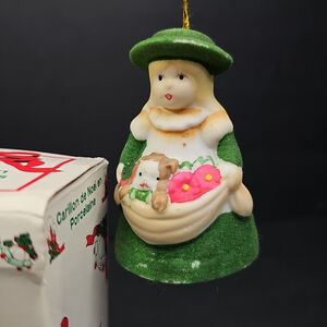 Jasco Lil Chimers Girl with Cat & Flowers Ornament - 3.25" - Bell, Green Felted
